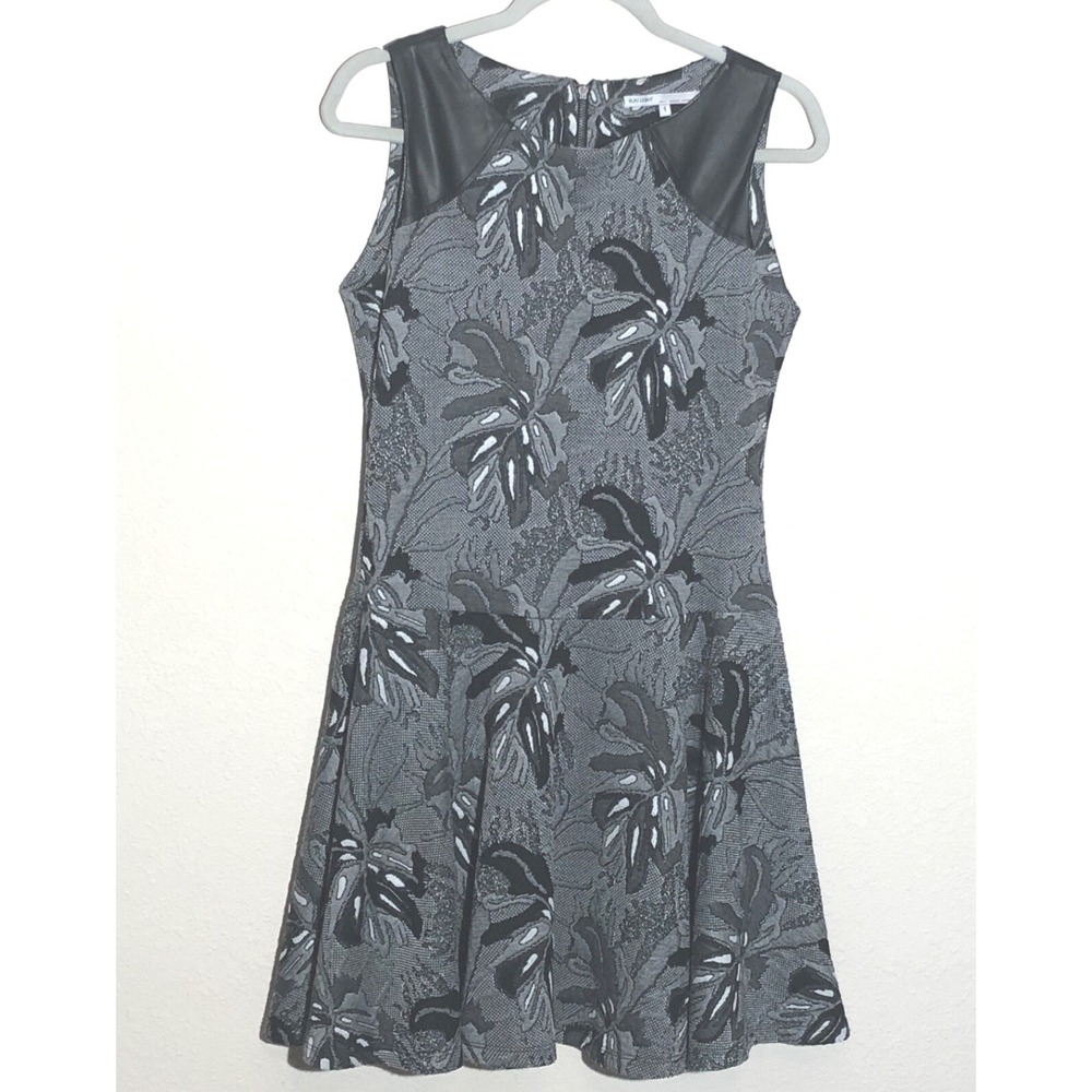 Sun Light Dropped Waist Dress Womens Sm Black Gray Tropical Faux Leather Trim
